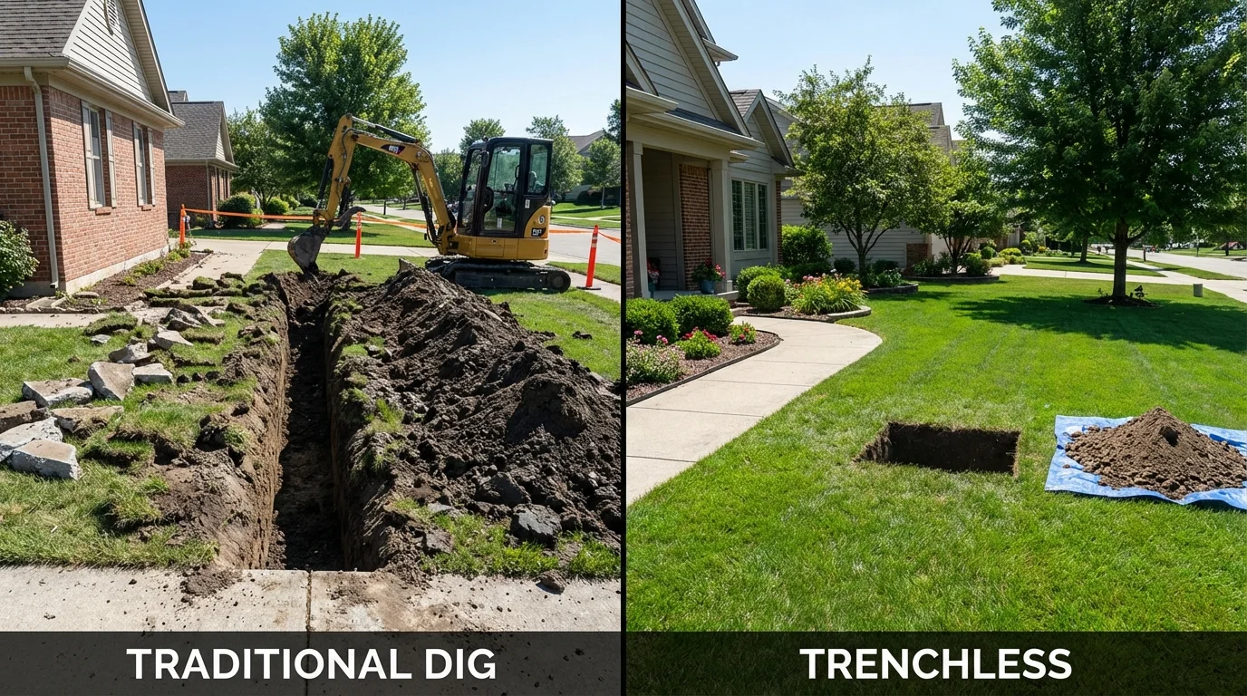 Trenchless sewer repair with minimal yard damage versus traditional excavation in Gilman, IL