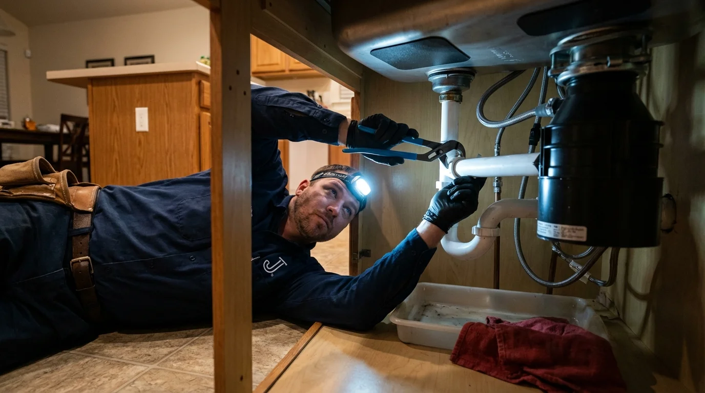 P-trap and supply line connections under a kitchen sink showing a common leak point in Gilman, IL